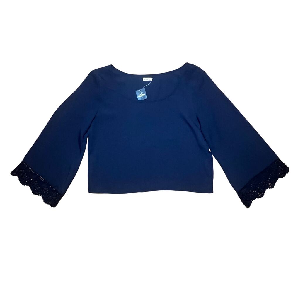 Hollister Navy Blue Crochet Trim Bell Sleeve Cropped Blouse NWT | Small